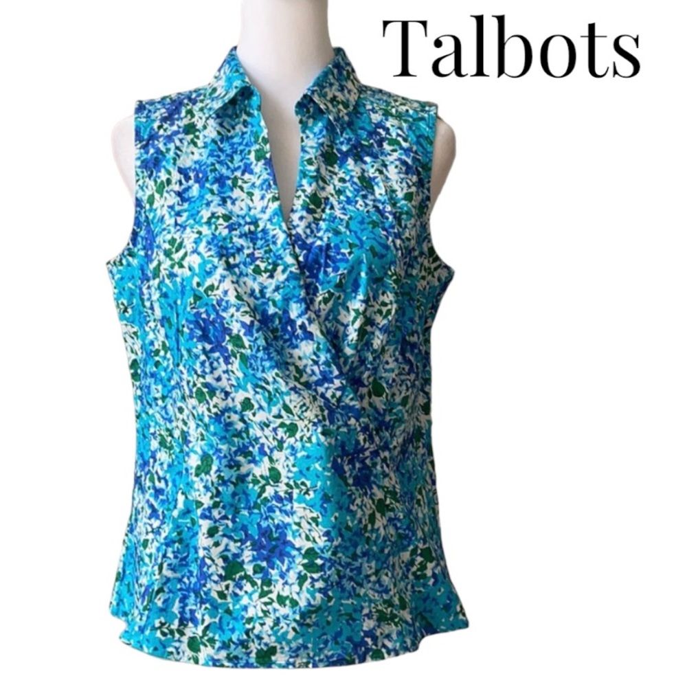 Talbots Sleeveless Blue White Surplice V-Neck Top Sz 8 Abstract Floral Stretch